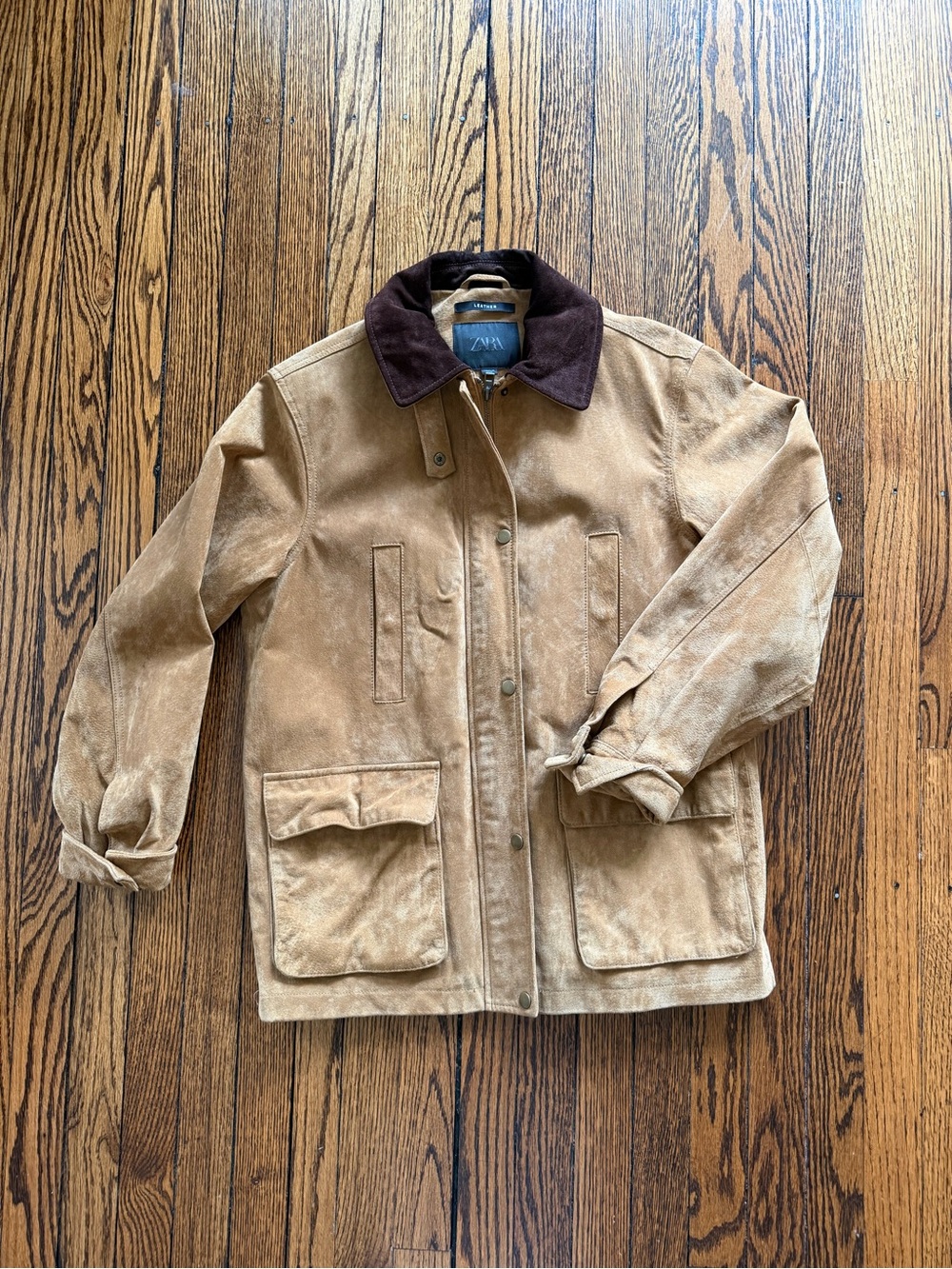 Zara Suede Leather Barn Jacket Tan Brown Contrast Collar XS